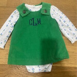 TBBC Green Corduroy baby girls jumper with White tulip Bodysuit monogram CLM EUC